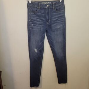American Eagle Women’s Sz 8 Skinny Jeans Super Stretch Distressed Blue Pre owned